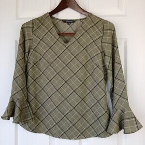 Annabelle Olive Plaid Print Blouse XS V-neck boho tunic 3/4 bell ruffle sleeve